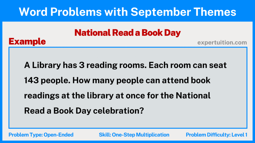 one-step multiplication word problems 3rd 4th 5th grade with National Read a Book Day theme for September