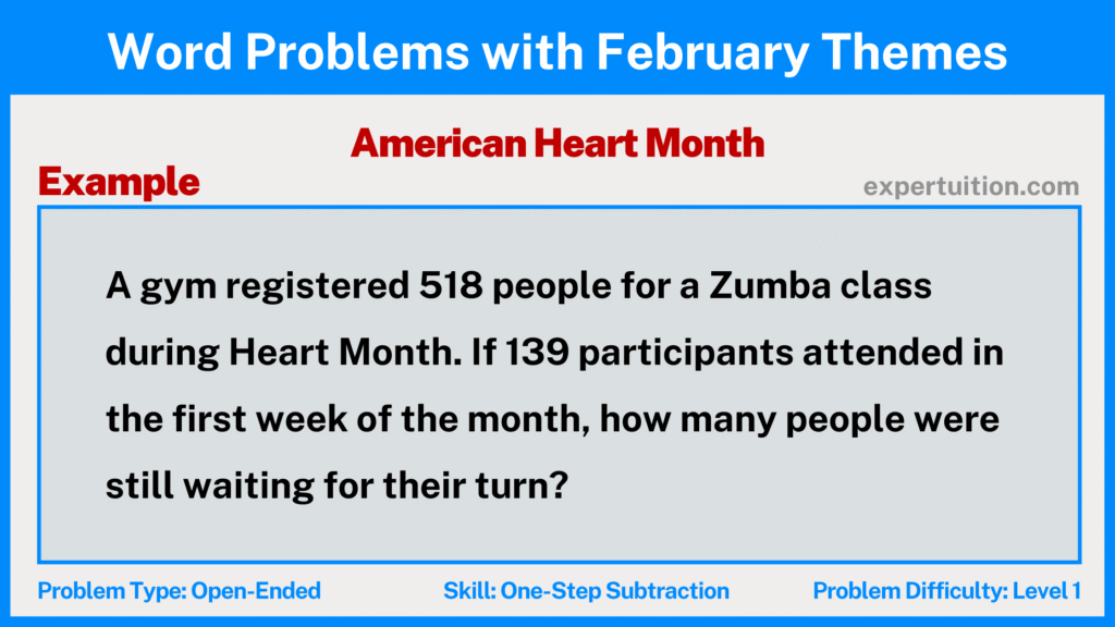 one-step subtraction word problems 3rd 4th 5th grade with American Heart Month theme for February