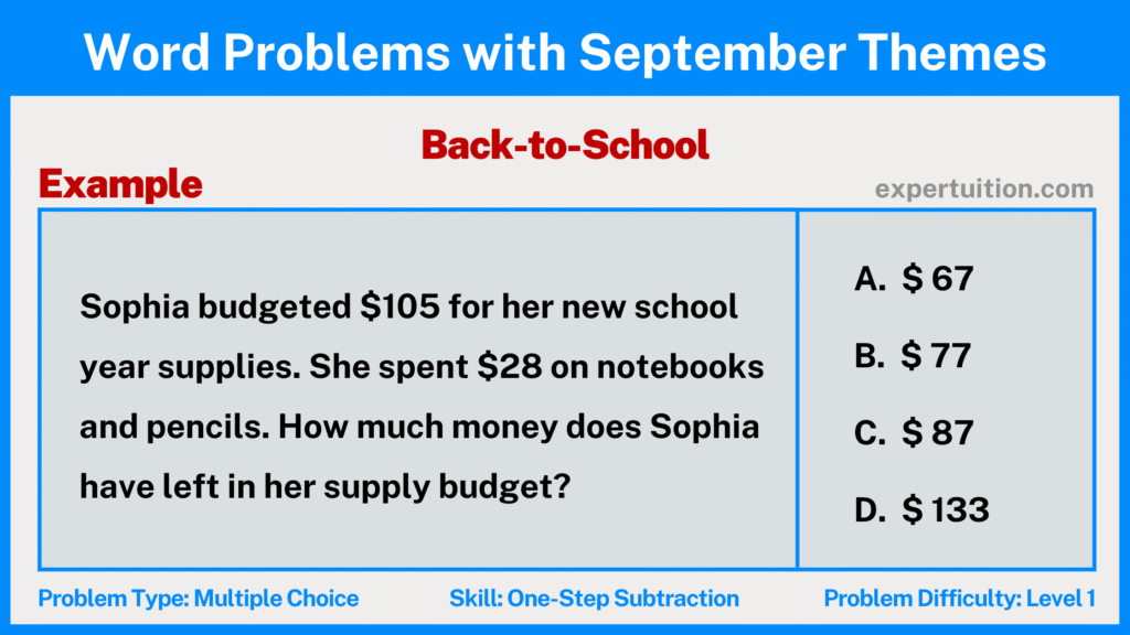 one-step subtraction word problems 3rd 4th 5th grade with Back-to-School theme for September