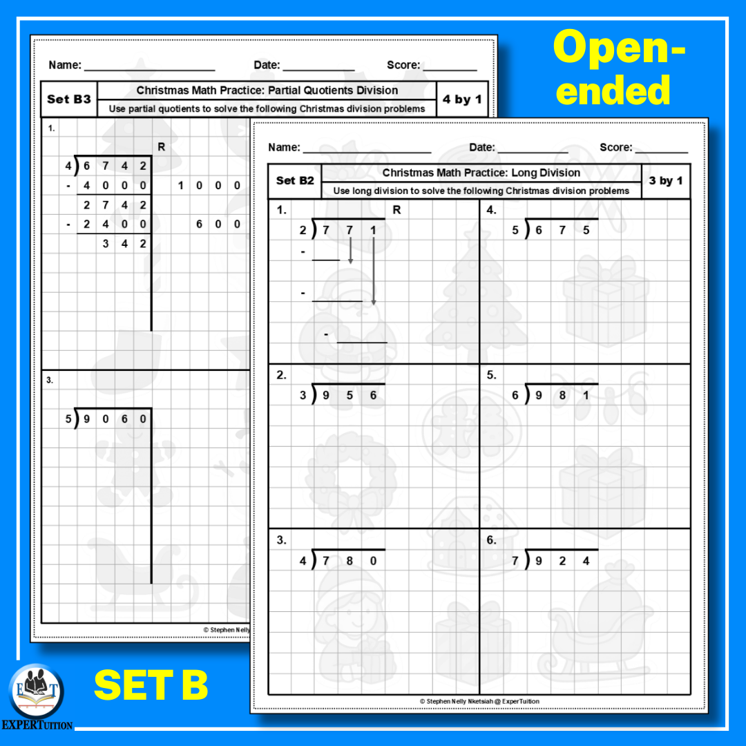 1-digit divisors area model, box method, partial quotients, and long division worksheets (3)