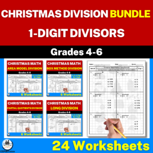 1-digit divisors area model, box method, partial quotients, and long division worksheets