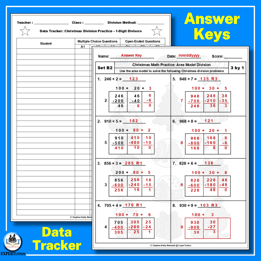 1-digit divisors area model, box method, partial quotients, and long division worksheets (4)