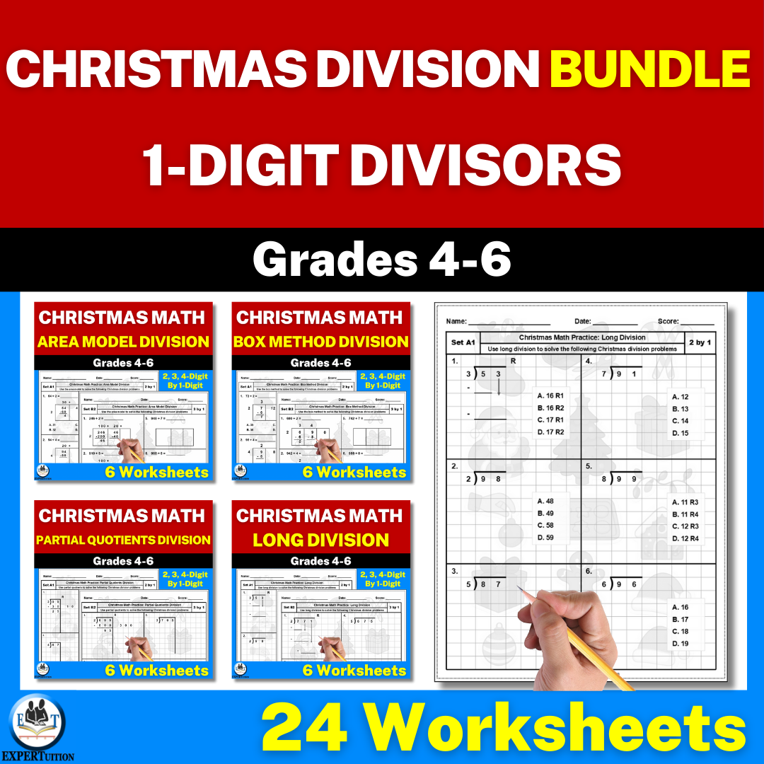 1-digit divisors area model, box method, partial quotients, and long division worksheets
