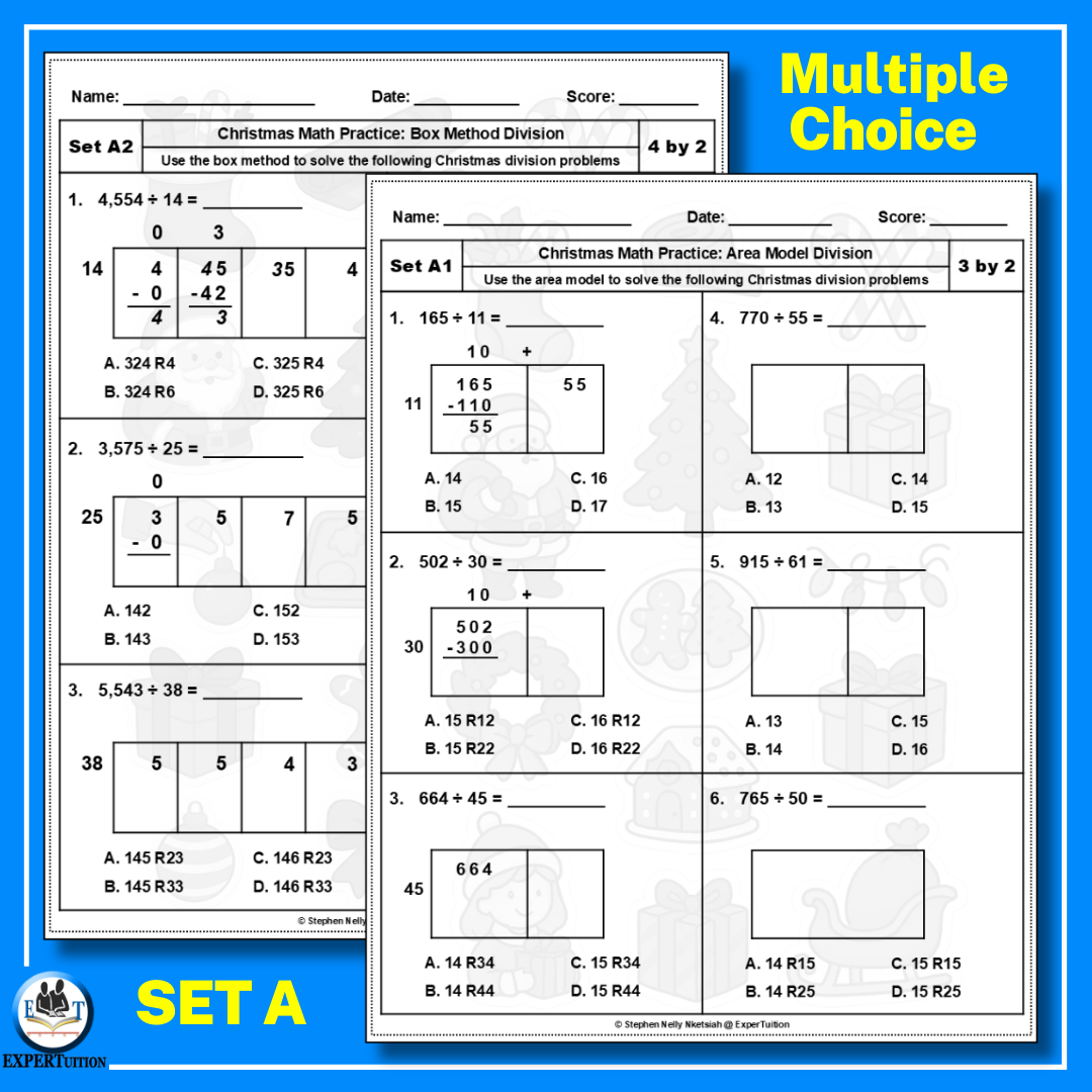 2-digit divisors area model, box method, partial quotients, and long division worksheets (2)