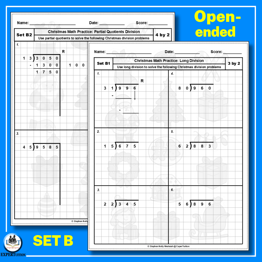2-digit divisors area model, box method, partial quotients, and long division worksheets (3)