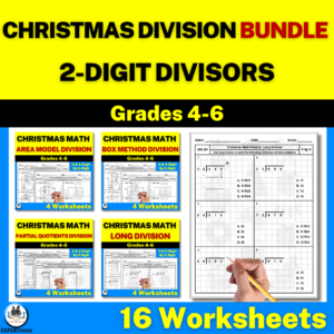 2-digit divisors area model, box method, partial quotients, and long division worksheets