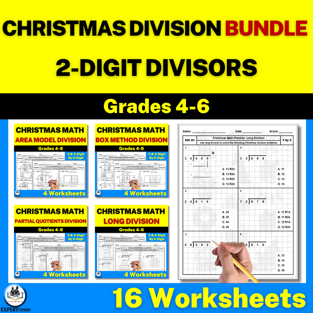 2-digit divisors area model, box method, partial quotients, and long division worksheets