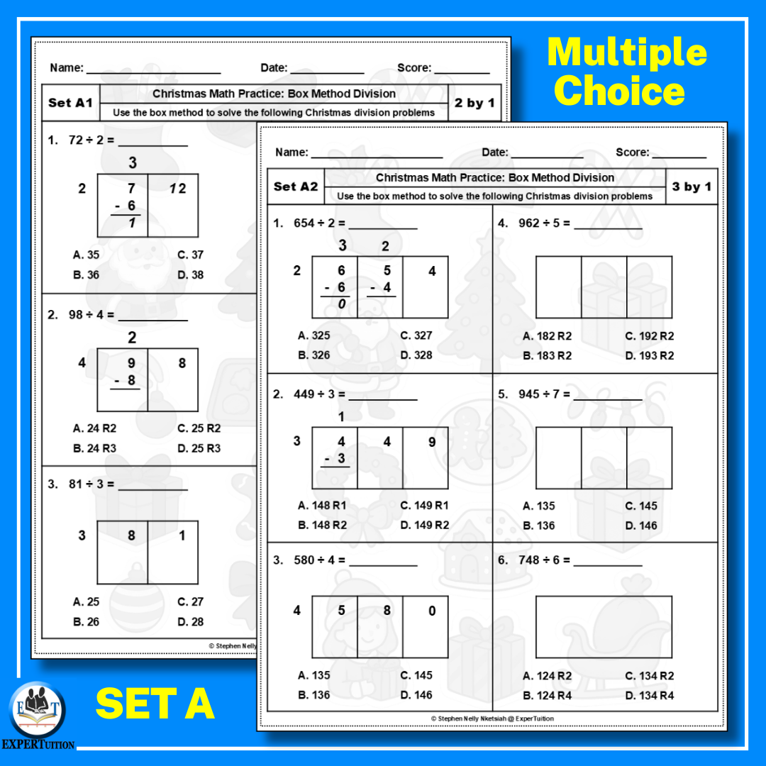 Christmas Box Method Division Worksheets - 1 digit divisors (2)