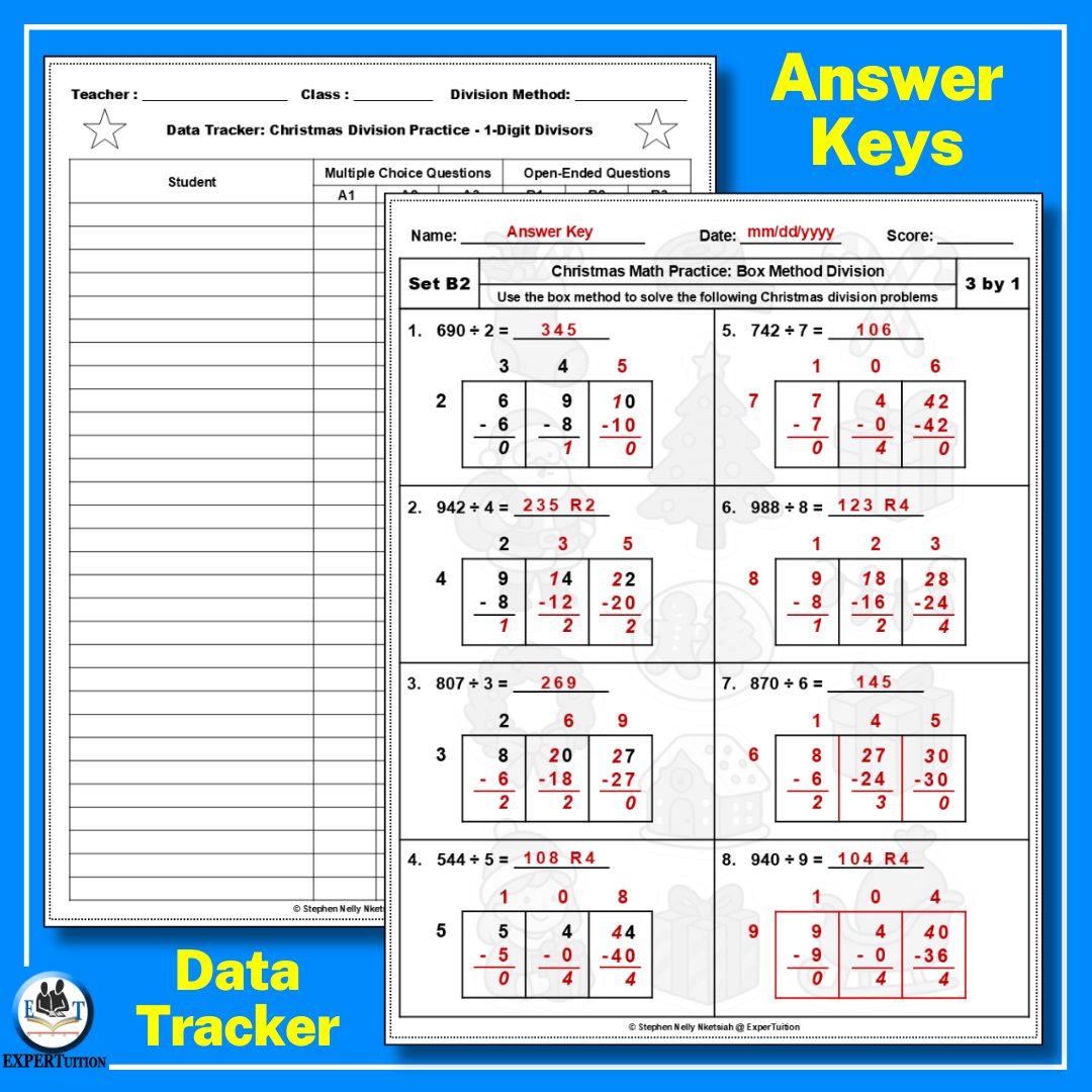 Christmas Box Method Division Worksheets - 1 digit divisors (4)