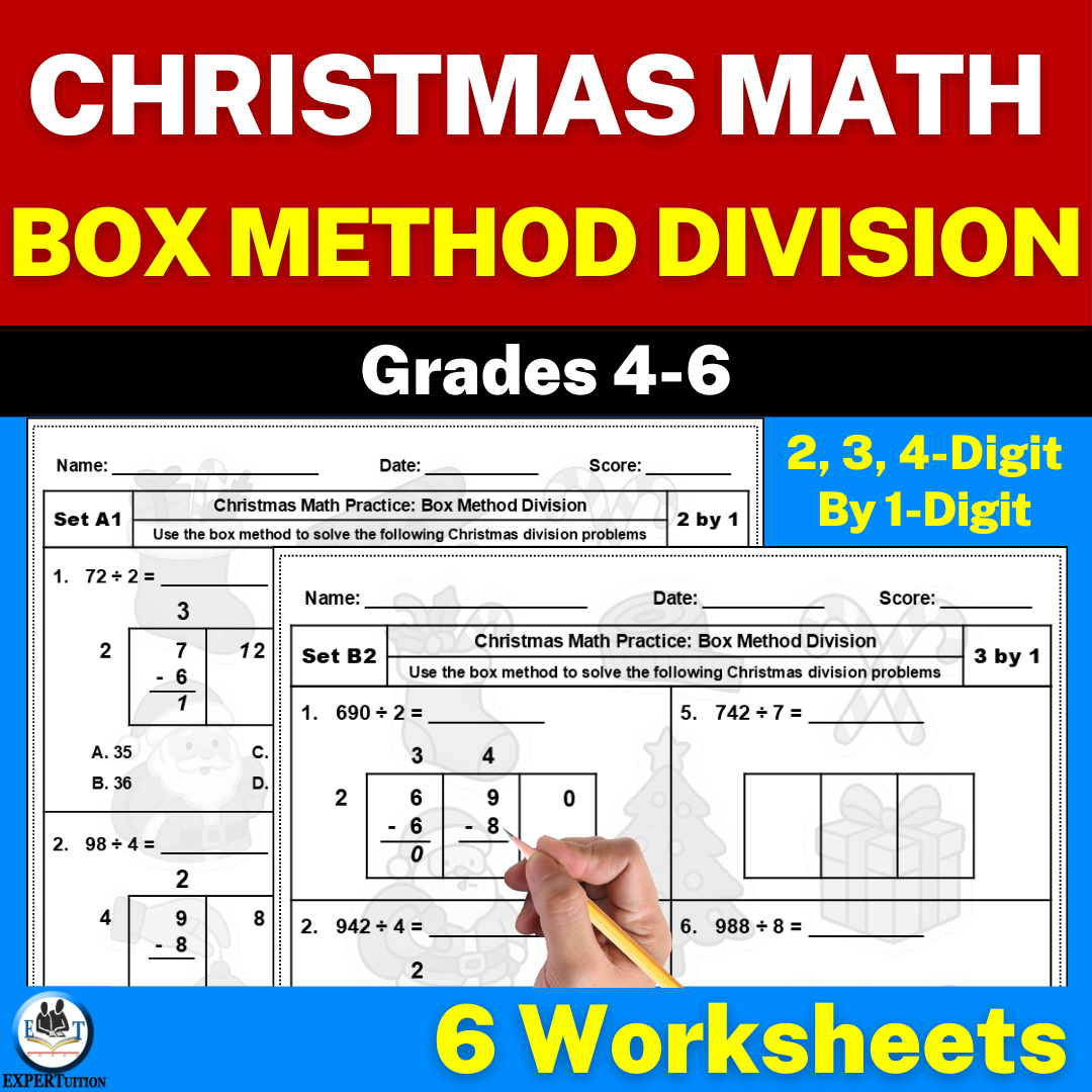 Christmas Box Method Division Worksheets - 1 digit divisors