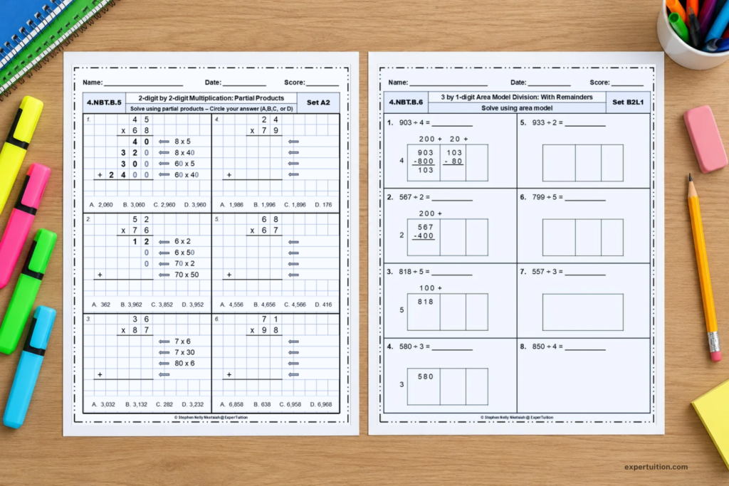 ExperTuition Grade 4 multiplication and division worksheets displayed on a wooden desk with colorful school supplies.