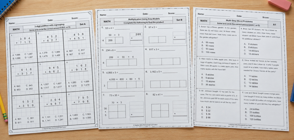 Free Grade 3–5 Math worksheets featuring addition, area model multiplication, and multi-step word problems from ExperTuition.