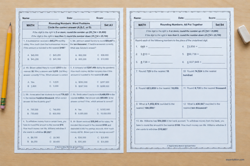 ExperTuition Grade 4 worksheet featuring multi-digit whole-number rounding exercises on a desk.