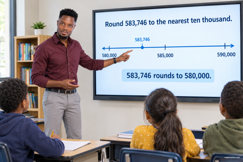 Number line showing 583,746 below the midpoint of 585,000, so it rounds to 580,000.