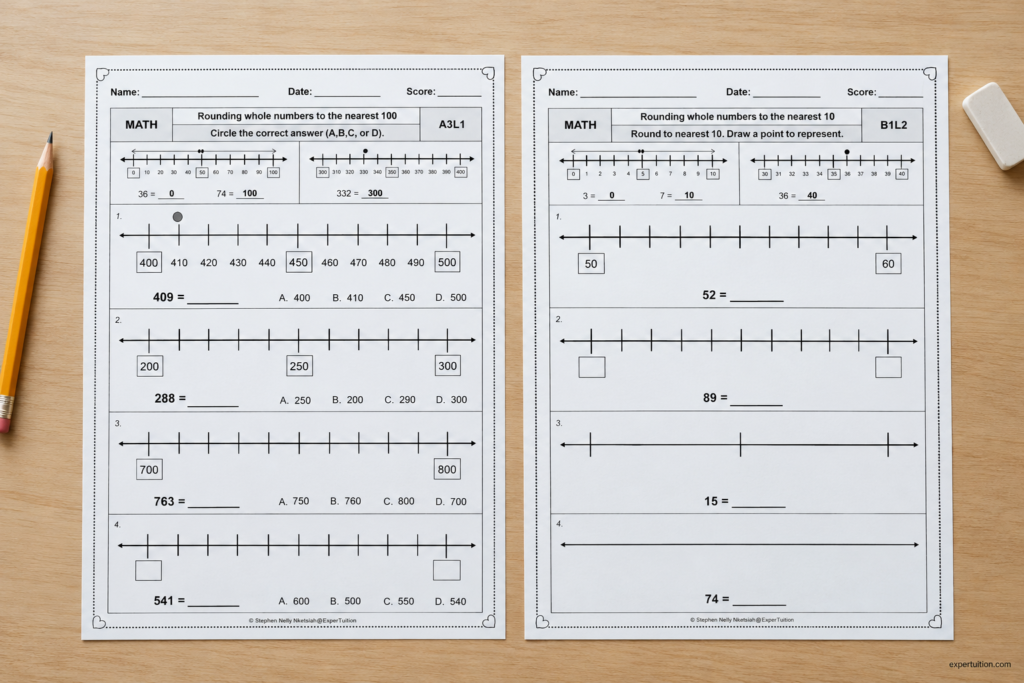 ExperTuition rounding worksheets arranged on a desk for students to practice rounding to the nearest 10 and 100.