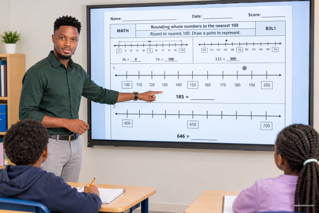Teacher demonstrating rounding with an ExperTuition number-line worksheet on a digital whiteboard.